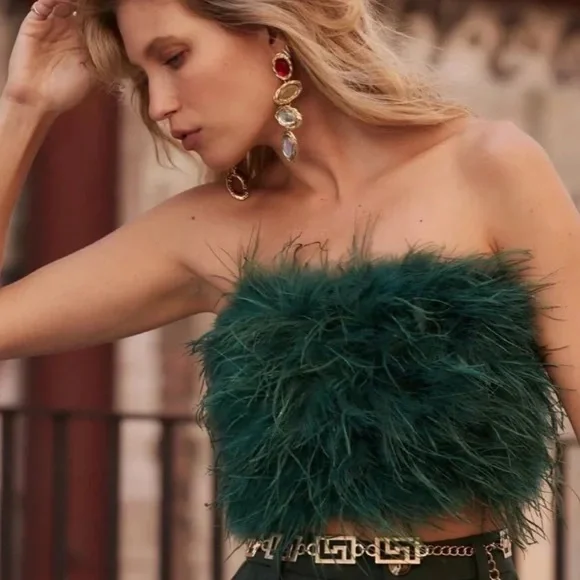 12th Tribe CHANEL EMERALD FAUX FEATHER TOP, Sz Small NWT - Picture 4 of 12